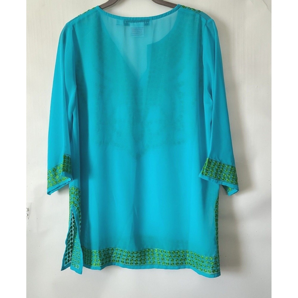 Gretchen Scott V Neck Embroidered Chiffon Tunic Top Sz S Blue Green 3/4 Slv FLAW - Picture 3 of 10